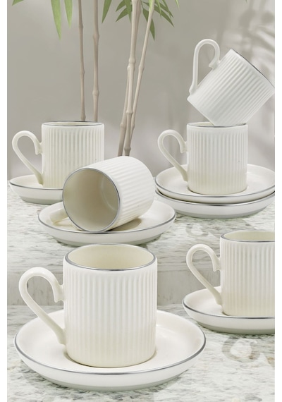 4 Parça 2 Kişilik Stackable Çizgili Gümüş Yaldızlı Kahve Fincan Takımı - Kahve Fincanı Seti 100ml