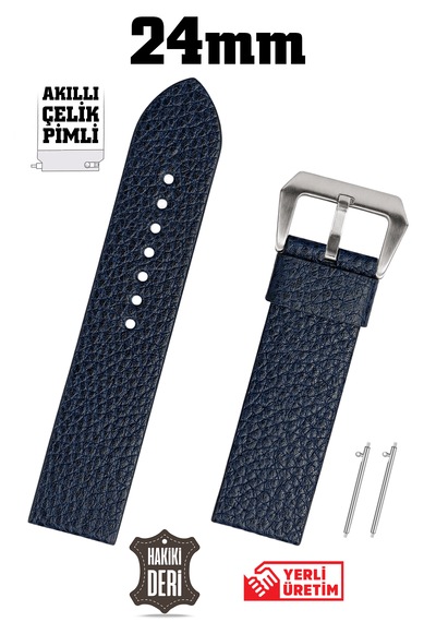 24mm Lacivert Floter Spor Hakiki Deri Saat Kordonu Kayış Akıllı Pimli Gümüş