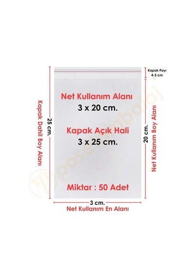 3x20+5 Cm. 3x25 50 Adet Şeffaf Bantlı Yapışkanlı Opp Poşet