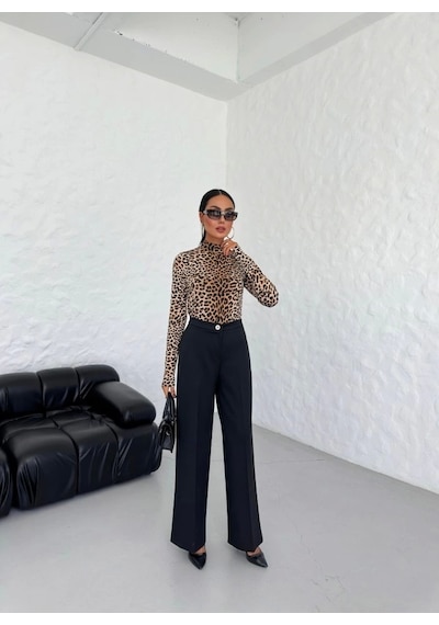 Defymoda 230 Gr Poly Viscose Lycra Metal Düğme Palazzo Pantolon Siyah
