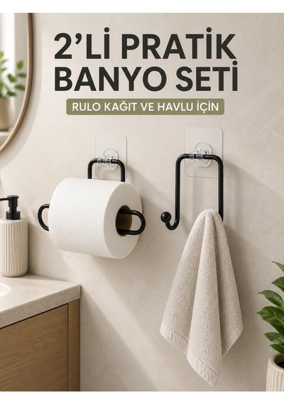 2 Li Yapışkanlı Banyo Düzenleme Seti Rulo Kağıt Tutucu Ve Havlu Askılığı Renkli