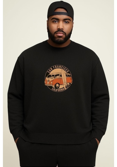 Benroma 3 İplik Penye Wos Wos Baskılı Büyük Beden Unisex Sweatshırt Siyah
