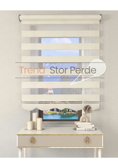 Krem Etek Dilimli Zebra Stor Güneşlik Perde Kırık Krem