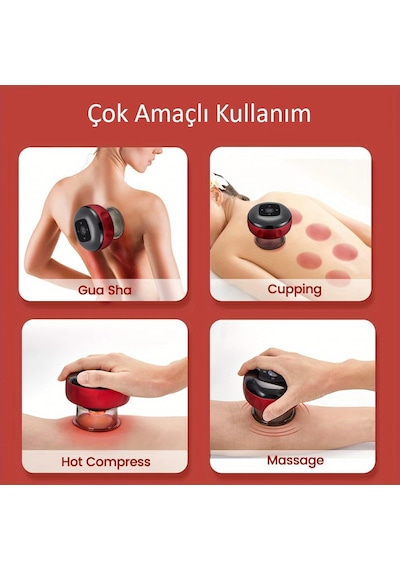 Valkyrie Şarjlı Kupa Çekme Vakum Masaj Aleti Selülit Giderci Hacamat Cihazı Isıtıcılı Kırmızı