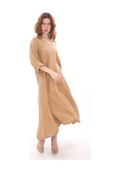 Bohem Stil İtalyan V Yaka Uzun Kol Keten Elbise-8907 Camel