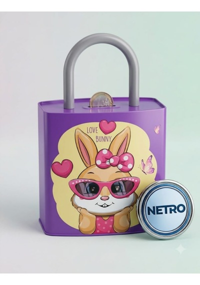 Kilit Şeklinde Dev Boy Kumbara 26x17 Cm Hediyelik Metal Kumbara Kapaklı Kolay Açılabilir Model 2 Li Tavşan Lila