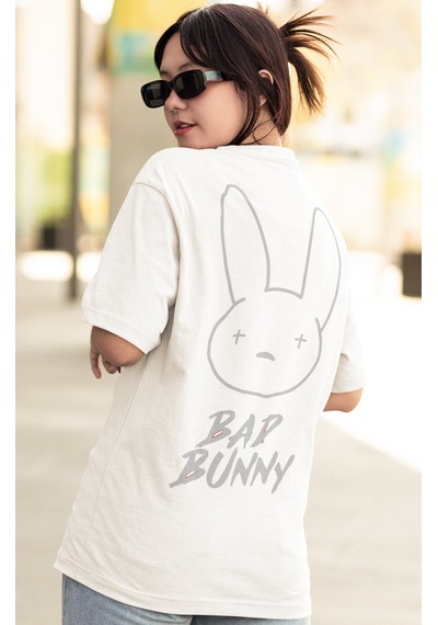 Sevbano Bad Bunny Rapper Şarkıcı Sırt Baskılı Unisex Oversize Tişört Beyaz