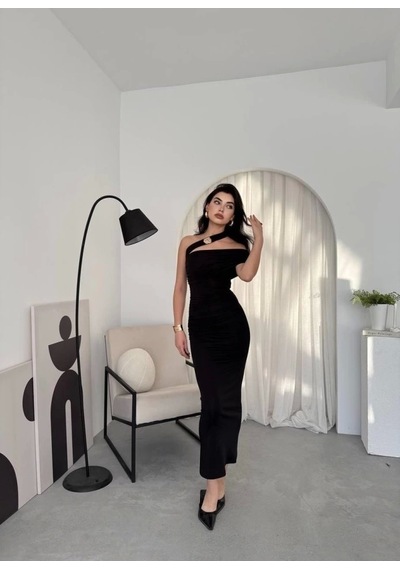Defymoda Reta Çapraz Omuz Elbise Siyah