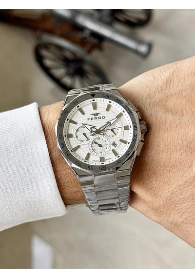 Ferro Fm11650awt-a Quartz Çelik Gri Beyaz Kadran 44 Mm Erkek Kol Saati Gri