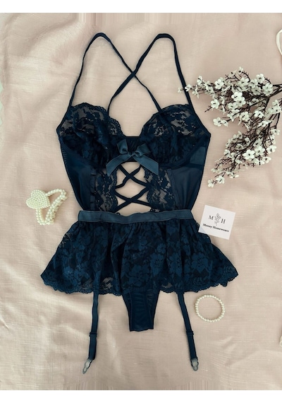 Mh Moony Homewears Roast Lacivert Seksi Jartiyer Takımı Lacivert