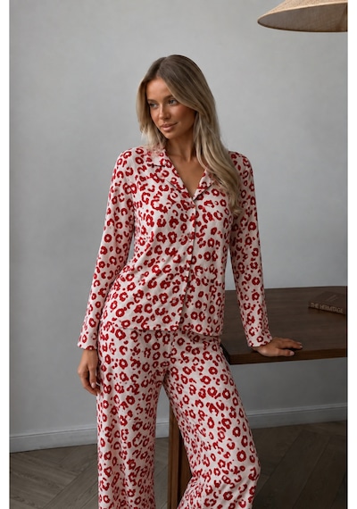 Fit Women Kadın Düğmeli Uzun Uyku Ve Kırmızı Pijama Takımı