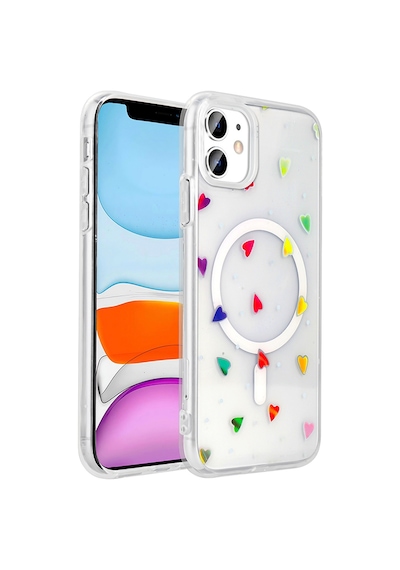 Techaks Apple Uyumlu iPhone 11 Kılıf M-safe Şarj Özellikli Şeffaf Zore Folk Sert Kapak - Kalp Beyaz