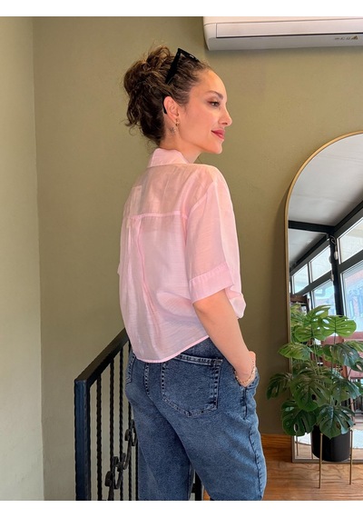 Ali Butik Pembe Şifon Crop Gömlek
