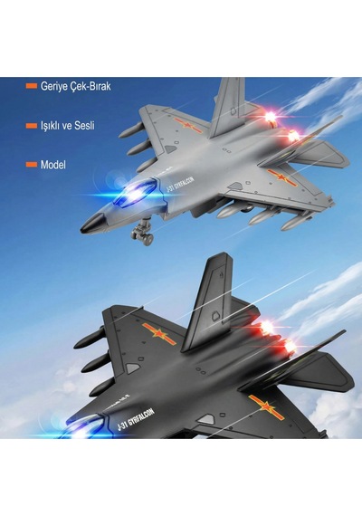 J-31 Gyrfalcon Işıklı Sesli Metal Savaş Uçağı - Geriye Çek Bırak Model Oyuncak Uçak 22 Cm