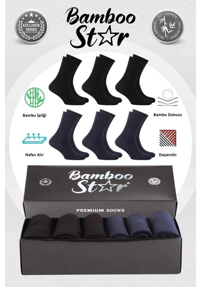 Bamboo Star Bambu Erkek Soket Uzun Düz Asorti Çorap Dikişsiz 6'lı Premium Kutulu 3 Siyah - 3 Lacivert Siyah - Lacivert