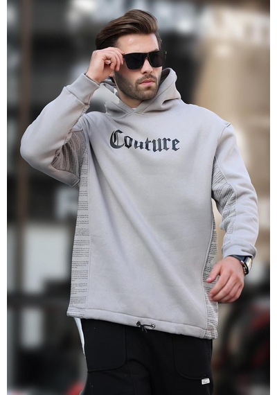 Madmext Boyalı Gri Kapüşonlu Baskılı Erkek Sweatshirt 7090 Gri