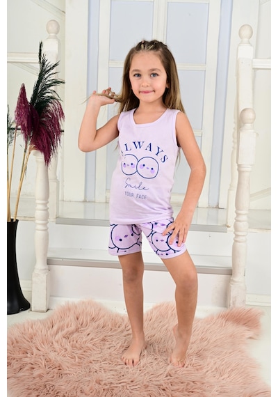 Kız Çocuk Askılı Pijama Takımı Always Smile Somon Lila
