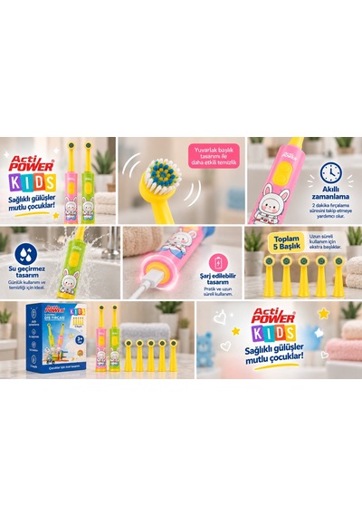 Acti Power Kids Elektrikli Çocuk Diş Fırçası + 5 Yedek Başlık