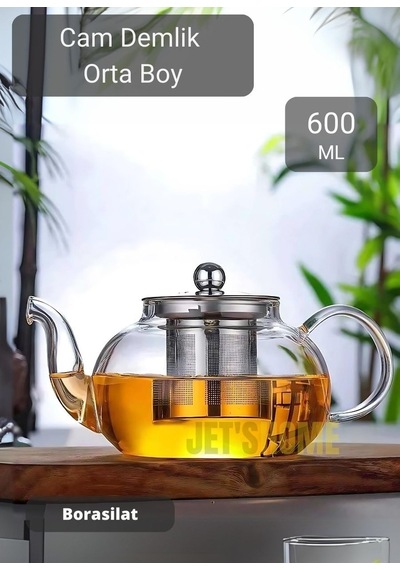 Cam Demlik Çelik Süzgeçli Demlik Isıya Dayanıklı Bitki Çayı Demliği Borosilat 600 Ml Gri