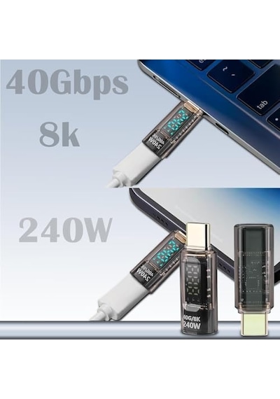 Usb-c Güç Ölçer Led Ekranlı Adaptör 240w Pd 3.1 Hızlı Şarj 40gbps Veri 8k Video Destekli Type-c Erkek Dişi Dönüştürücü Voltaj Akım Watt Test Cihazı Tak Çalıştır Kompakt Tasarım Zr1141