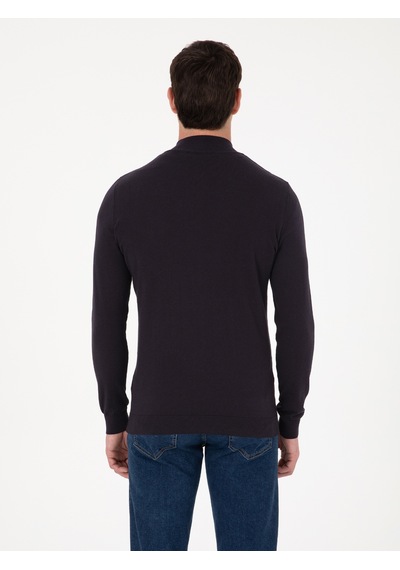 Cacharel Lacivert Slim Fit Pamuk Karışımlı Yarım Fermuarlı Dik Yaka Triko Kazak