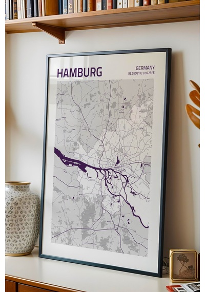 Hamburg Almanya Germany Haritası Çerçeveli Tablo Lüks Salon Ofis Duvar Dekorasyonu Hediyelik Tablo