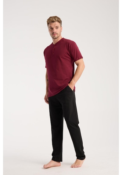 Akbeniz Erkek Bordo Düğmeli Yaka Kısa Kol Pijama Takımı