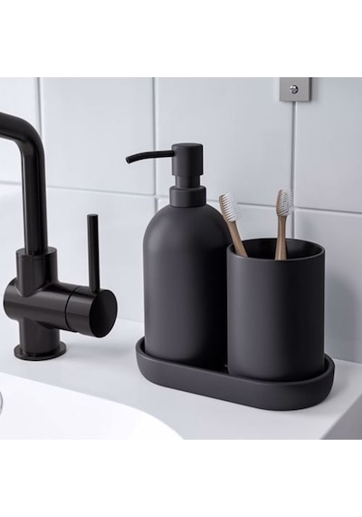 3 Parça Banyo Seti, Siyah Renk Meridyendukkan Stoneware Sabunluk Seti