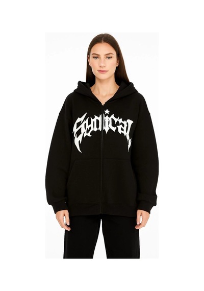 Kadın Kapüşonlu 3 İplik Şardonlu Önü Baskılı Fermuarlı Oversize Sweatshirt - Siyah
