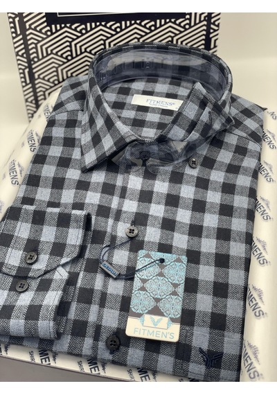 Klasik Uzun Kol Kışlık %100 Cotton Kareli Yaka Alttan Düğmeli Hediye Kutulu Erkek Gömlek Fs-001988 - Antrasit-1372