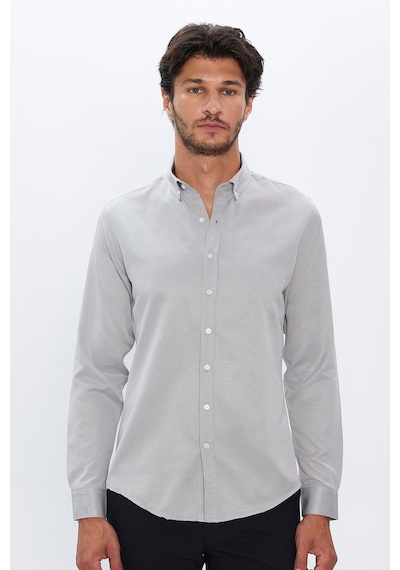 Tudors Erkek Slim Fit Dar Kesim Pamuklu Kolay Ütü Gri Düğmeli Yaka Gömlek-31586-gri Gri
