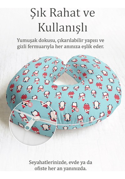 Penguen Desenli Pamuklu Boyun Yastığı - Sevimli Kış Temalı Mavi Kırmızı Çocuk Seyahat Yastığı Açık Ayışığı Avokado