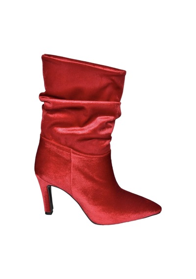 Fox Shoes R404020339 Bordo Kadife İnce Topuklu Büzgülü Kadın Bot Bordo