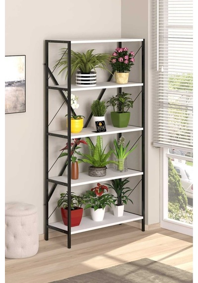 5 Raflı Metal Çiçeklik Modern Saksı Ve Dekoratif Eşya Standı Şık Ve Dayanıklı Tasarım 180 Cm Beyaz