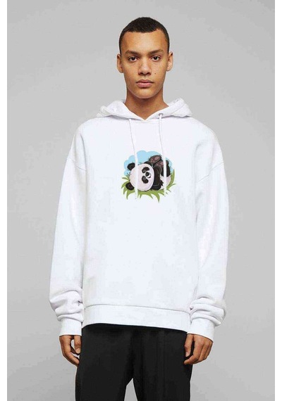 Panda Baskılı Beyaz Erkek Örme Kapşonlu Sweatshirt (531036552)
