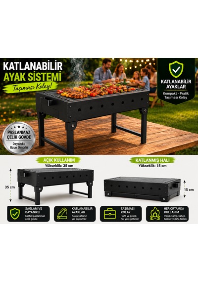 Dtagas Bahçe, Kamp Ve Piknik Için, Katlanabilir Ayaklı, Çelik Gövdeli Profesyonel Mangal Siyah