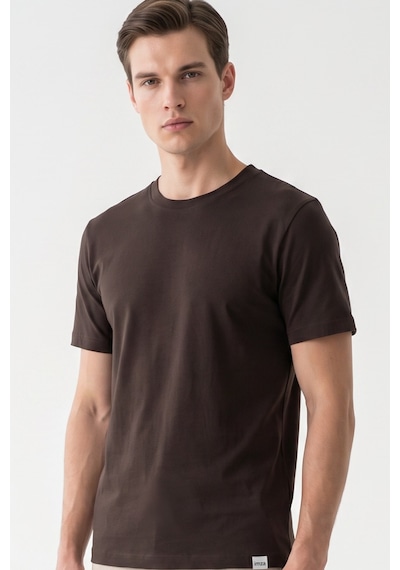 Kahverengi Bisiklet Yaka Kısa Kol Slim Fit Pamuklu Tişört 1011265166