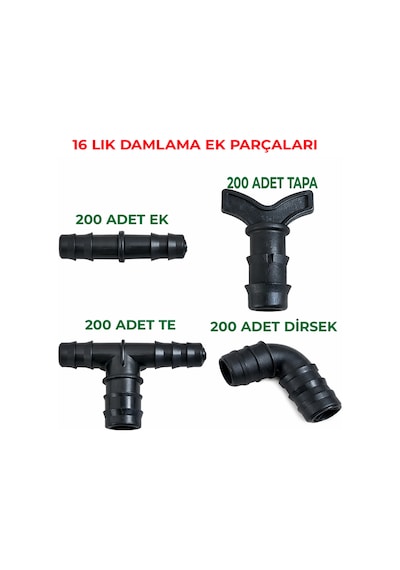16 Mm Damlama Ek Parçası Dirsek,düz Ek, Te Ek, Tapa 200 Adet