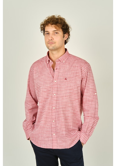 Figs Erkek Slim Fit Çizgili Uzun Kollu %100 Pamuk Gömlek 0015 Kırmızı Kırmızı