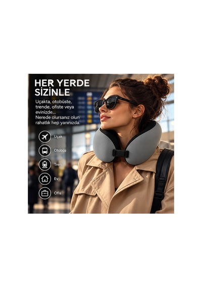 Seyahat Boyun Yastığı Hafızalı Süngerli Uçak, Otobüs Ve Araç İçin Ergonomik Boyun Destek Minderi Siyah - 931319316 Siyah