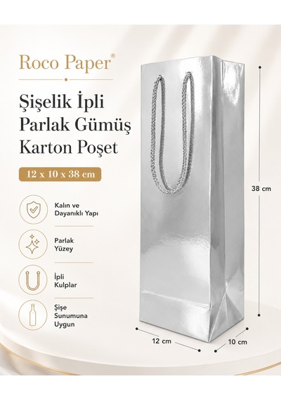 Şişelik İpli Gümüş Karton Poşet, 1 Adet - 12x10x38 Cm, Kalın Yapı