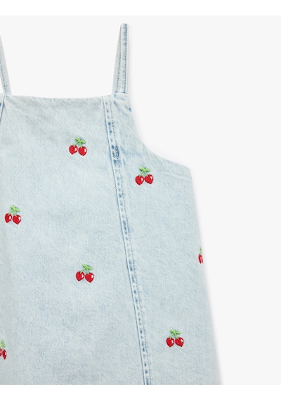 Koton Çilek Detaylı Kare Yaka Askılı Denim Elbise Lıght Indıgo 6smg80008ad Açık Mavi