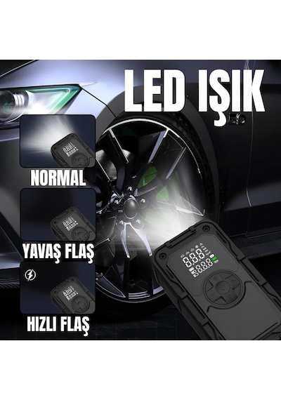 Aem Akü Şoklama Takviye Cihazı + Lastik Şişirme Kompresörü Taşınabilir 4+1 Jump Starter 8000mah