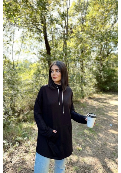 WeShaya Kadın Siyah Uzun Kol, Yakası Bağcıklı, Kapüşonlu, Kanguru Cep, Salaş, Uzun Tunik Sweatshirt Siyah