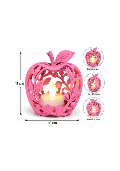 Elma Figürlü Dekoratif Mumluk Yaprak Desenli Tealight Mumluk, Dekoratif Led Mum Hediyeli - Pembe Açık