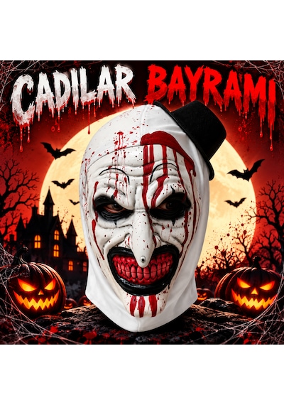 Cadılar Bayramı Korkunç Palyaço Maskesi Kanlı Katil Palyaço Kostüm Maskesi, Siyah Şapkalı Halloween Parti Aksesuarı 18+