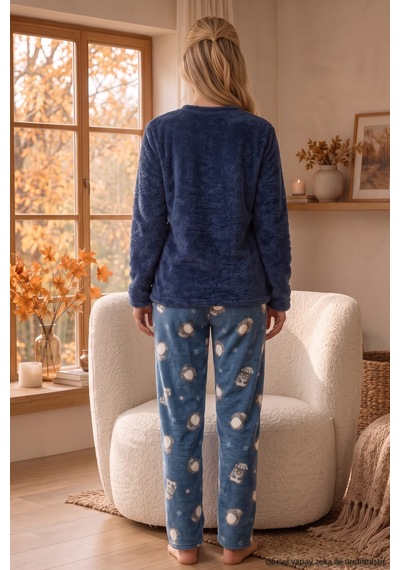 Siyah İnci Lacivert Nakışlı Üst Wellsoft Alt Polar Kışlık Örme Pijama Takım 26221725