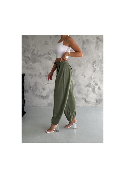 Gugus Kadın Modal Kumaş Şalvar Trend Model Paça Ve Bel Detaylı Rahat Kesim Eşofman Haki