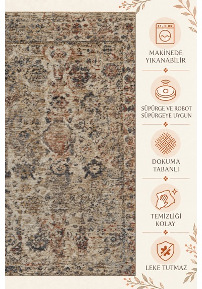 Vivanni Home Everlynn Polyester Vintage Halı Pamuk Atkı Tabanlı Modern Dokuma Ev Halısı Bej