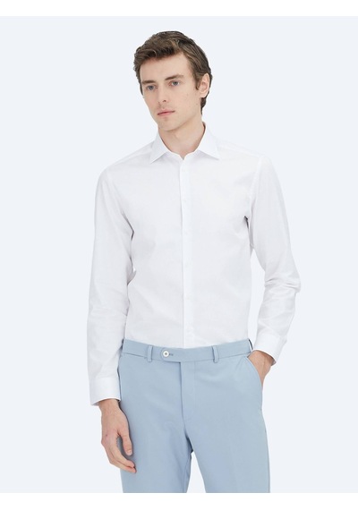 Kip Beyaz Düz Slim Fit Uzun Dokuma Klasik %100 Pamuk Gömlek